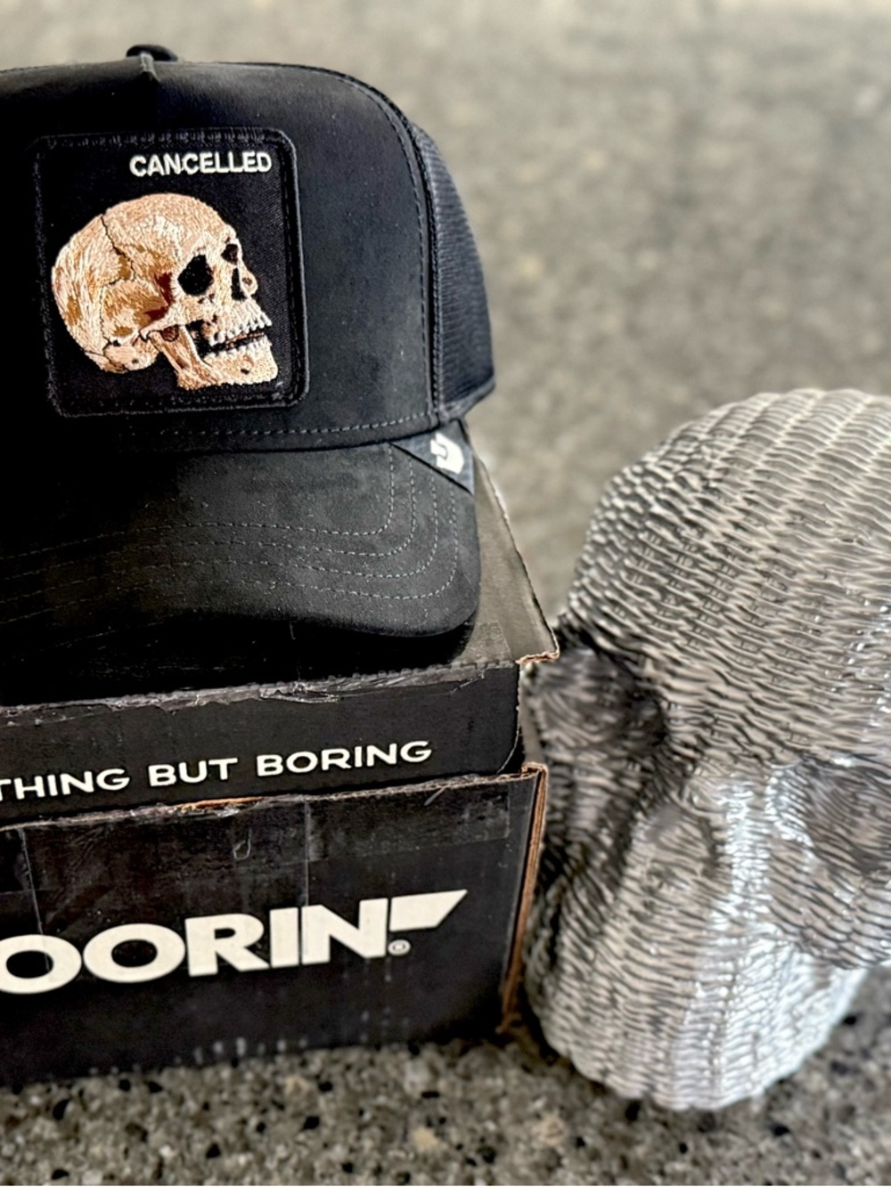 Goorin Bros-  'CANCELLED' Skull microsuade Trucker Hat- NWT and Original Box!